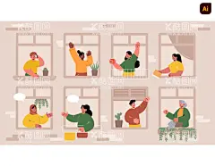 窗口生活人物  - 源文件下载【酷图网】窗口,窗口人物,邻居,邻里人物,邻里插画,楼栋窗口,阳台,居民,