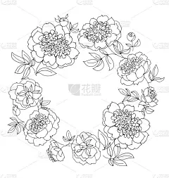 牡丹花圈矢量插图。线条素描手绘花卉图案，用于卡片，婚礼请柬，表面设计