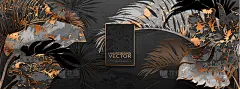 Trendy vector banner with palm leaves, gold, black