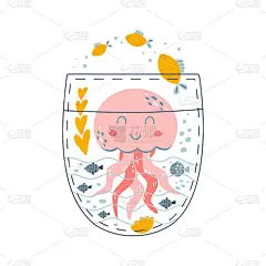 水母在口袋里。可爱的卡通粉色水母、鱼、珊瑚、海藻。水下生命图画书概念插画。海底的水母。海洋生物矢量打