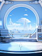 blue and white room interior, in the style of detailed science fiction illustrations, rounded shapes, ricoh ff-9d, detailed marine views, playful machines, realistic blue skies, zbrush