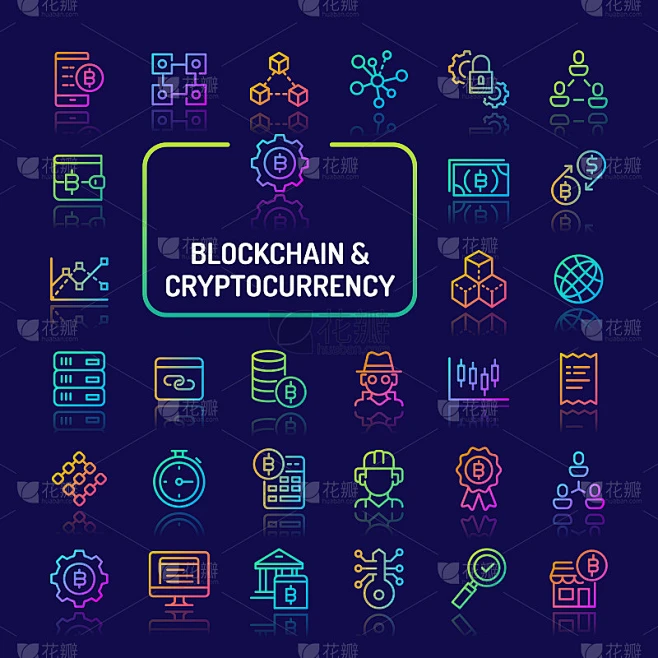 Blockchain & Cryptocurrency Gradient Line Icon Set素材-花瓣网