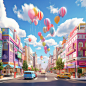 On both sides of the road are dazzling shops, and in the distance are blue skies and white clouds, in the style of realistic and hyper-detailed renderings,8k, ar 9:16 ,A cosmetics store decorated with balloons and pink gift boxes, in the style of cinemati