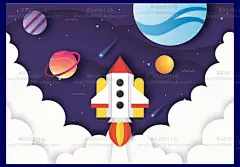 科幻创意卡通火箭星球宇宙行星剪纸玩具AI海报背景图广告设计素材-淘宝网