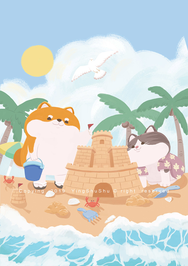 夏天来啦～海边堆沙子的柴犬和喵喵。@-小...