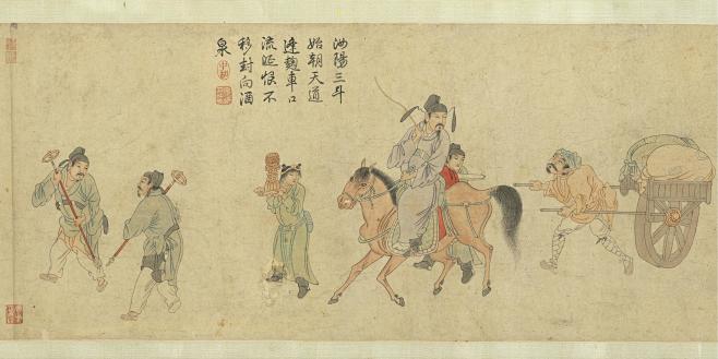 02 饮中八仙图卷 旧传元 任仁发绘 纸本设色 汝陽三斗始朝天。道逢麴車口流涎。恨不移封向酒泉。_02