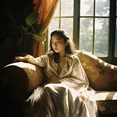 (3/4)一个女孩正在沙发上放松，以张晶娜的风格，英国乡村，历史剧，金色光线，用Ektachrome拍摄的照片，玛丽·比尔，李钟根(AI绘图来自WeDraw.art)