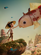 The amazing Koi rider ! : Asian inspired children Illustration of a little girl and a Koi carp