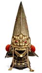 Demon Kawari Kabuto. Mid Edo Period, 18th century The simple iron bowl built up to form a naga eboshi with a modeled demons head on the front, the surface of the bowl with a textured finish lacquered gold. On either side a raised red-lacquered Bonji (Sans