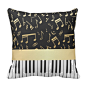 Musical Notes and Piano Keys Black and Gold Throw Pillow