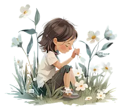 春天的孩子花女孩坐在草地上白花—女孩被草地上的白花包围