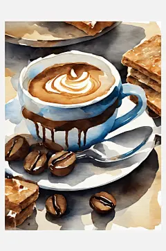 AI数字艺术咖啡水彩插画-众图网