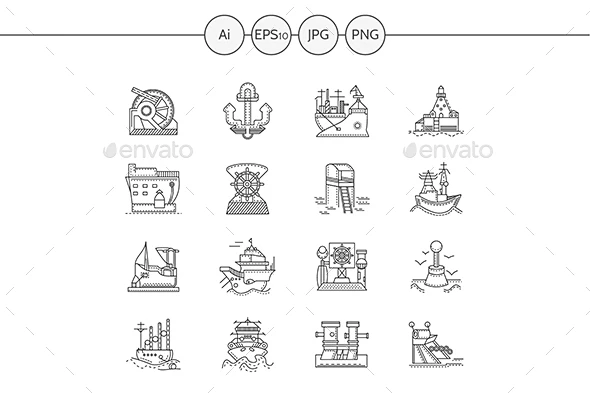 船舶和港口平整线矢量图标——对象集图标Ships and Ports Flat Line Vector Icons Set - Objects ...