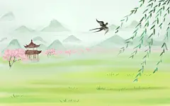 手绘水彩春天草地垂柳插画海报背景