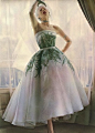 Bettina in Jacques Fath's organdy evening gown with fern embroidery by Lesage