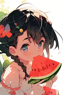 AI数字艺术夏季吃西瓜卡通插画-众图网