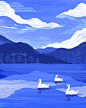 ILLUSTRATION  Drawing  artwork Landscape SKY Nature mountains movement crane mixed media