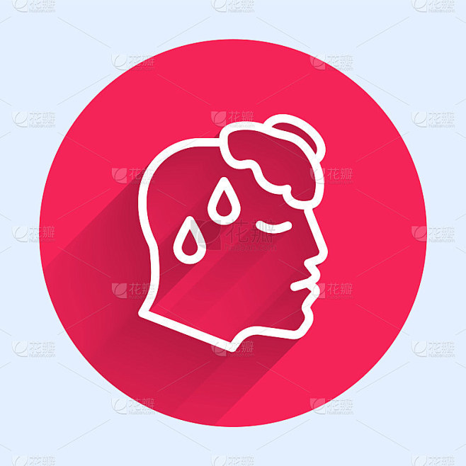 白线人体温高或发热图标孤立与长影子。疾病，感冒，流感症状。红色圆圈按钮。向量