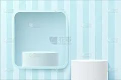 带有基座基座的3D矢量抽象工作室房间。白色几何平台在正方形窗口与蓝色垂直条纹背景。化妆品展示场景。展