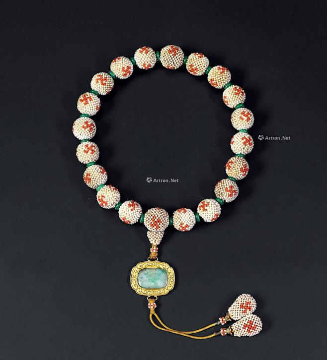 清中期嵌珍珠珊瑚卐字十八子手串