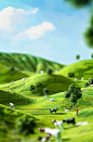 3D illustration of green hills with cows and farmers, blue sky, bright sunny day, high resolution, high details, vibrant colors, miniature people in the foreground, white background, in the style of cartoon 3D , soft shadows, natural lighting, depth of fi