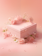 The photograph of a pink box and flowers, in the style of expansive, pale palette, storybook-esque, photobashing, flat surfaces, lush and detailed, sleek
