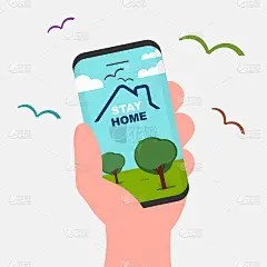 手持手机，待在家里的屋顶上，手机屏幕上显示自然生活的主题草、树、天空和小鸟。全球病毒大流行与隔离，自