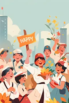 手绘五一劳动节扁平化人物插画