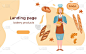 贝克的女人性格。有烘焙产品背景。Bakery-themed着陆页。矢量图
