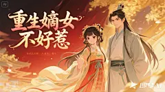jimeng-2025-04-28-1002-古风人物小说封面背景唯美，两人装容精致，一个女孩生气，旁边站着一个古风帅哥。标题是：重生嫡女不好惹，字体飘逸变色。动漫风格