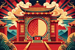 红色古风建筑素材图背景