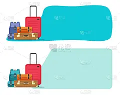 航次行李箱包横幅蓝色为家庭旅行旅行度假概念平面卡通复制空间文本模板插图，销售现代时尚的假日海报空白空