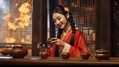 (3/4)一位动画师正在为一位穿着日本和服的女孩泡茶，风格类似于在Cinema 4D中渲染的Miki Asai，强调情感而不是真实性，Gene Luen Yang，Heian时期，精心设计，体积照明(AI绘图来自WeDraw.art)