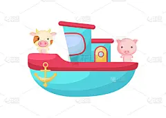 可爱的小奶牛和小猪在绿松石船上航行。卡通人物适用于儿童书籍，相册，婴儿送礼会，贺卡，派对邀请，室内装