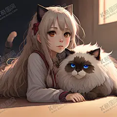 二次元猫和女孩 【酷图网】二次元,猫,布偶猫,女孩,头像,插画,动漫,美女