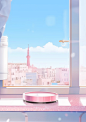 a pink hygienic measuring device lying on top of a white shelf, in the style of dreamy, romanticized cityscapes, tomàs barceló, windows vista, layered translucency, sky-blue and red, coastal views, polka dots