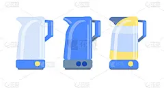 一套白色背景的电热水壶。水壶是金属的，透明的，空的，装满水。舒适的茶话会的设备。矢量插图在平面风格。