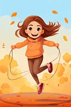 卡通跳绳的小女孩插画