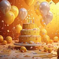 生日派对、生日蛋糕、气球、欢乐气氛、黄色基调、迪士尼风格海报