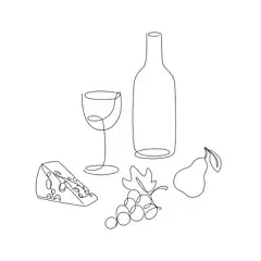一笔画 | 图源免费EPS文件 |One line sketchy illustration of wine glass, wine bottle, cheese, grapes and a pear. Design elements for post card, menu, wine shop, poster prints