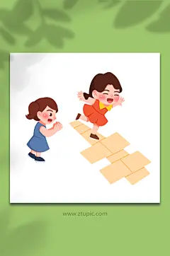 跳格子手绘复古怀旧儿童节人物游戏元素插画