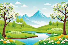 画作草坪春意大树花丛花草植物插画背景图