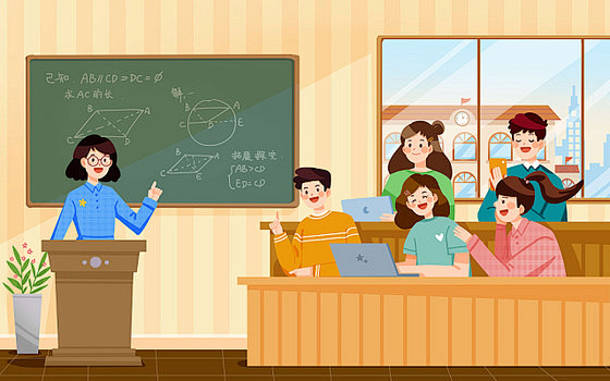 黄色大学教室上课插画卡通青春校园插画