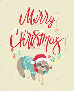 快乐可爱的树懒睡在礼物上，围巾和圣诞老人的帽子。迷人的矢量字符。贺卡和请柬圣诞祝福语。