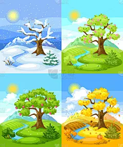 四季的风景。冬天、春天、夏天、秋天用树木、山峦作插图。