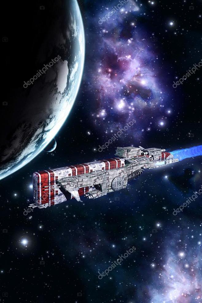 太空战舰和行星 3d 渲染科幻小说插图
