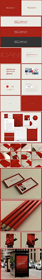 #LOGO赏# SCANY是哥伦比亚的一家著名建筑设计公司，这是David Espinosa设计工作室为其做的品牌形象设计。该设计干净利落，字型设计更是体现了建筑物体四方八稳的特点。标准色的选择更是出人意料，大胆使用了吸人眼球的红色，与同行业的行业标准色大相径庭，难道这不正是对自己品牌的一种自信吗？