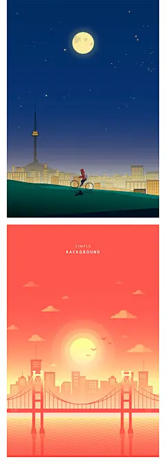 人物海边树林蓝天日出篮球场灯塔城市自然风景夜景插画AI矢量素材-淘宝网