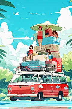 学生放暑假漫画风结伴插画