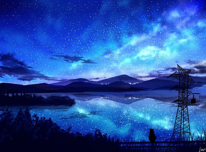 二次元/场景氛围图 星空下的猫系列 花瓣关注原画人，推荐更多精选素材，绘画更有灵感
